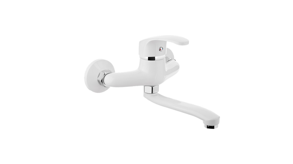 Mosogató csaptelep fali hosszú kifolyóval fehér